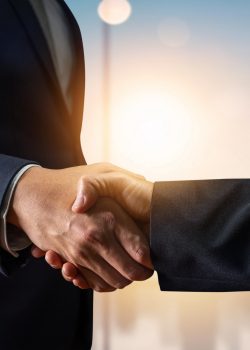 Business agreement and successful negotiation concept, businessman in suit shake hand with customer, client after formal communication and contract deal success